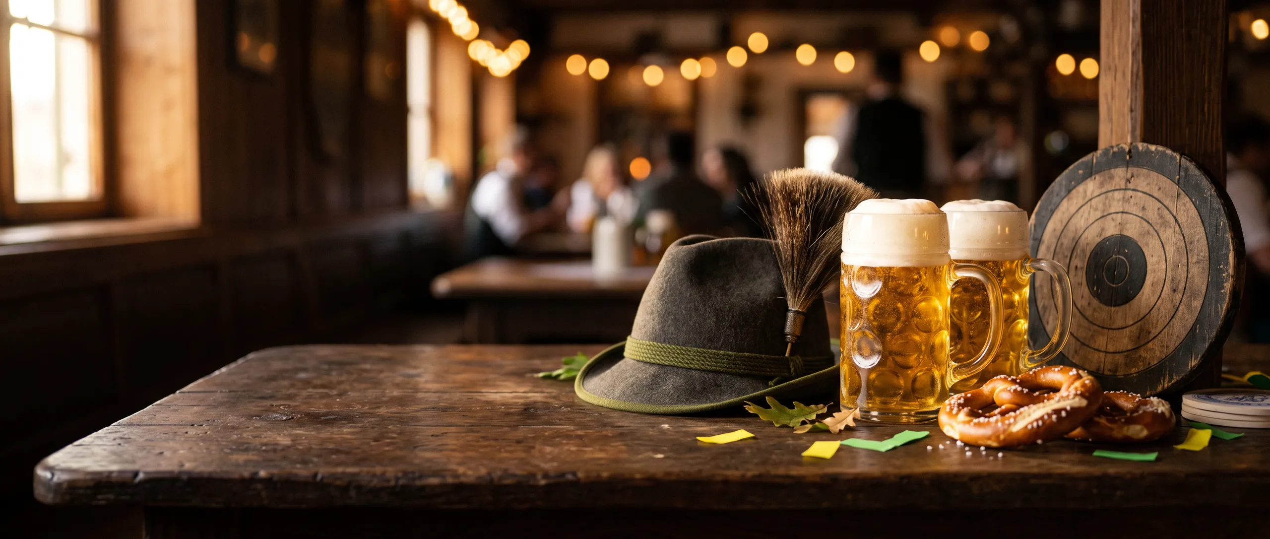 Wirtshaustisch mit Schützenhut, zwei Maßkrügen und einer hölzernen Zielscheibe